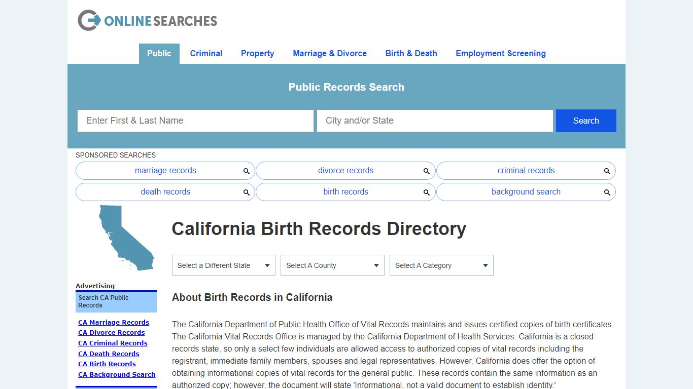 California Birth Records Search Directory - OnlineSearches.com